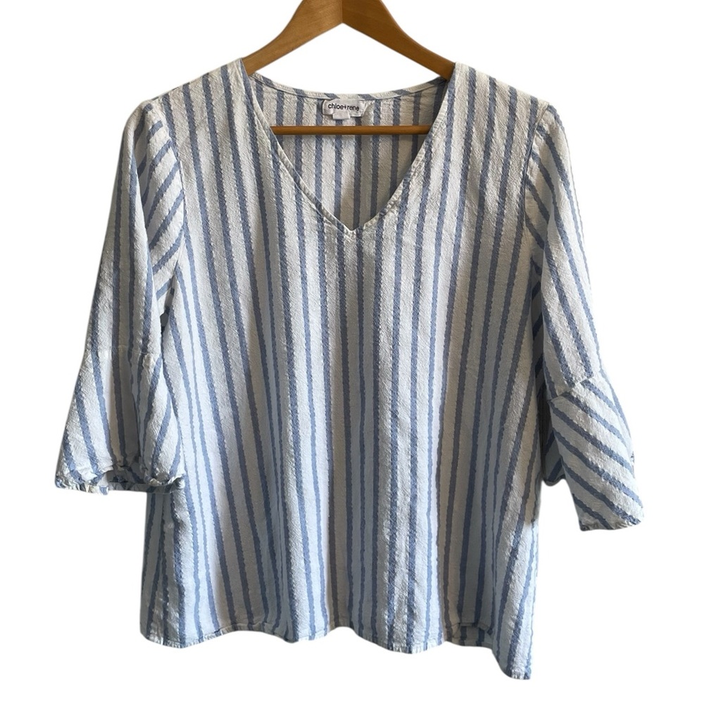 ii1- Linen blue white striped blouse Chloe+rene XL extra large x-large